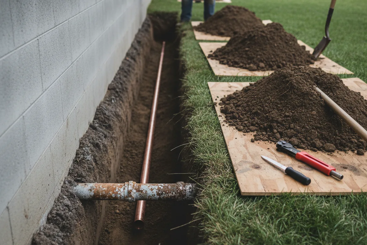 Excavated water line trench during Sewer Line Repair in Broken Arrow